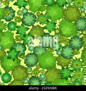 Natural Summer landscape. View from above. Green crowns of trees and bushes. Deciduous forest. Top view. Background illustration in flat style. Vector Stock Vector