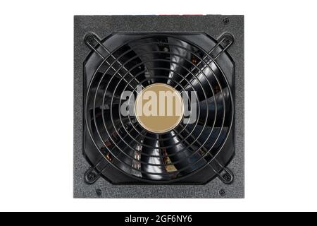 Top view computer AC power supply unit isolated on white background. Hardware equipment. Stock Photo