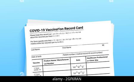 Coronavirus vaccination record card on blue background with copy space for travel and movement without borders. Vaccination form during the Stock Vector