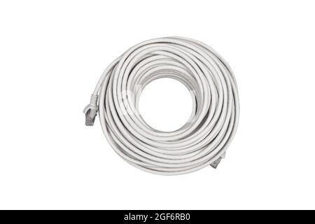 Internet data cable isolated on white background. LAN cable patch cord. Network internet cable isolated over white. Ethernet cable. Network cable Stock Photo