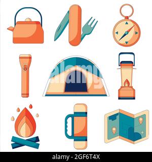 A set of flat icons of camping and survival in the wild. Stock Vector
