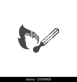 Fire match with flame black vector icon. Matchstick glyph symbol. Stock Vector