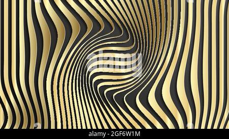 Gold abstract stripe pattern background. Optical illusion twisted lines and curves background. Abstract 3d vector illustration. Stock Vector