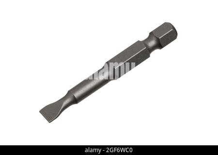 Professional construction tool metal slotted bit nozzle for electric screwdriver isolated on white background Stock Photo