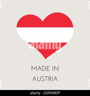 Heart shaped label with Austrian flag. Made in Austria Sticker. Factory, manufacturing and production country concept. Vector stock illustration Stock Vector