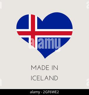 Heart shaped label with Icelandic flag. Made in Iceland Sticker. Factory, manufacturing and production country concept. Vector stock illustration Stock Vector