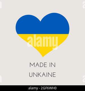 Heart shaped label with Ukrainian flag. Made in Ukraine Sticker. Factory, manufacturing and production country concept. Vector stock illustration Stock Vector