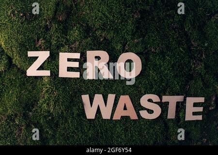Zero waste kraft paper text on a background of moss. top view. High quality photo Stock Photo