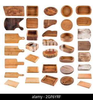 Isolated wooden cookware boards collection collage Stock Photo