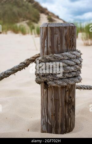 A wooden post with stretched ropes separating the hiking trail from the protected area. Photo taken in good lighting conditions on a cloudy day Stock Photo