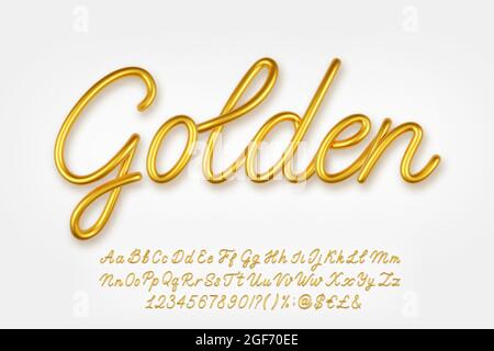 Gold 3d realistic capital and lowercase letters, numbers, symbols and currency signs isolated on a light background. Vector illustration. Stock Vector