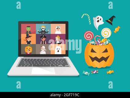 Online Halloween Party Concept. Kids in horror costumes on laptop screen. Vector illustration Stock Vector