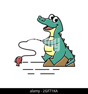 Crocodile Alligator Fishing Fish Funny Cute Character Cartoon Mascot Stock Vector