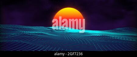 80s background retro landscape. Futuristic neon 1980s style. Cyber surface. Party background. Retro 80s fashion Sci-Fi Summer Landscape Background. Stock Vector