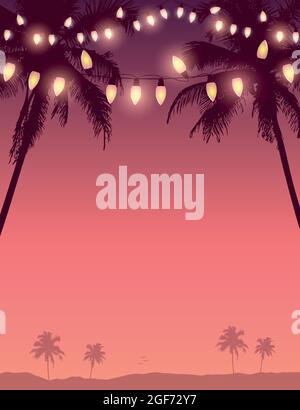 tropical summer paradise background with fairy light and palm leaves Stock Vector