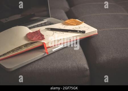 Laptop with diary, autumn composition. Notepad with pencil and autumn leaves on sofa at home. Copy space background Stock Photo
