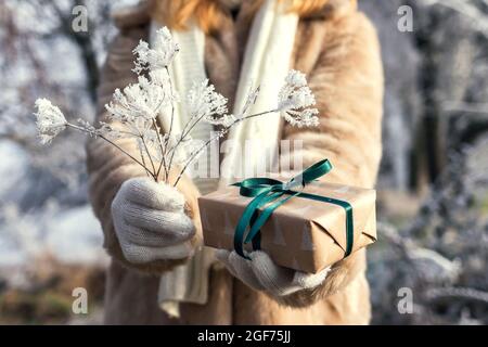Woman holding christmas present in snowy landscape. Small gift box in female hands Stock Photo