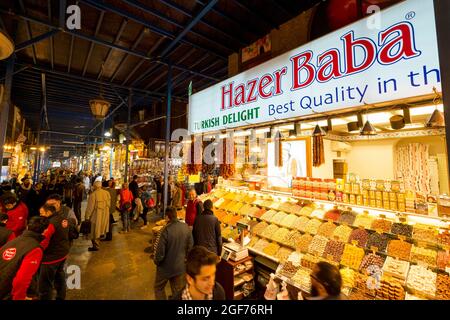 The Hazer Baba Turkish Delight, sweets stall, shop at the famous Mısır Çarşısı, Spice Market Bazaar. In Istanbul, Turkey. Stock Photo