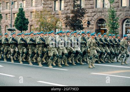 Kyiv, Ukraine - August 20, 2021: Rehearsal of military parade on occasion of 30 years Independence Day of Ukraine. Troops marching along Khreshchatykk
