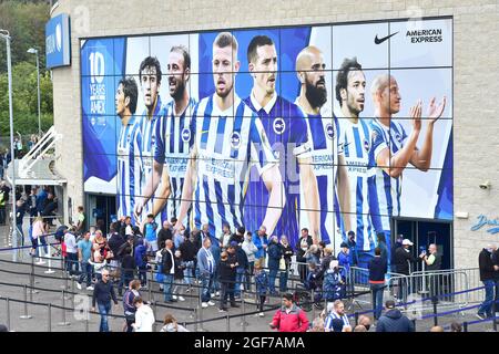 Fans arrive during the Premier League match between Brighton and Hove Albion and Watford at the American Express Stadium  , Brighton , UK - 21st August 2021 -  Editorial use only. No merchandising. For Football images FA and Premier League restrictions apply inc. no internet/mobile usage without FAPL license - for details contact Football Dataco Stock Photo