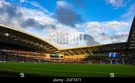 Fans enjoy being back at the Amex Stadium during the Premier League match between Brighton and Hove Albion and Watford at the American Express Stadium  , Brighton , UK - 21st August 2021 -  Editorial use only. No merchandising. For Football images FA and Premier League restrictions apply inc. no internet/mobile usage without FAPL license - for details contact Football Dataco Stock Photo