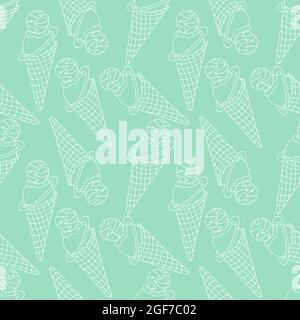 Ice cream pattern seamless, white doodle ice cream, colored turquoise background. Vector illustration Stock Vector