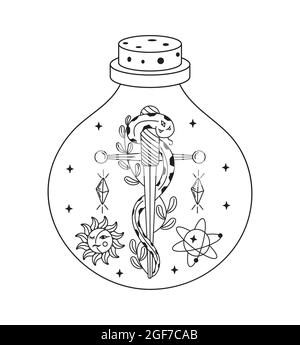 Celestial, mystery potion. Esoteric, witch bottle with magic crystals, snake and sword inside. Planets and moon with sun are shown. Magician hand crea Stock Vector