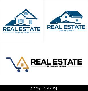 Real estate mortgage retail with home and trolley illustration vector logo design Stock Vector