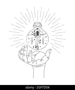 Celestial, mystery hand with potion. Esoteric, witch bottle with magic crystals, snake and sword inside. Magician hand creates. Astrological, occult c Stock Vector
