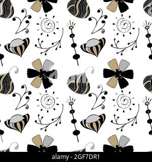 Seamless pattern doodle flowers branches, hand drawing, black gold silver, on a white background. Vector illustration Stock Vector