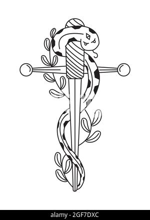 Celestial, mystery sword vector. Esoteric, witch element with snake and plant. Magician, alchemical knife in doodle style. Astrological concept for ta Stock Vector