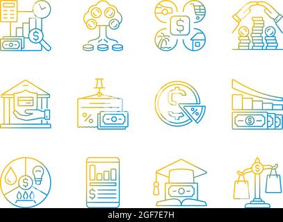 Financial literacy black gradient linear vector icons set Stock Vector