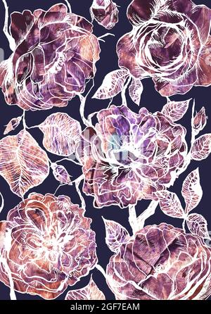 Hand drawn floral vertical rectangular template with watercolor roses Stock Photo