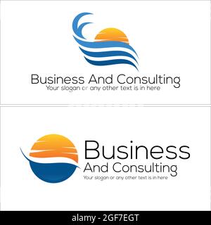 Wave of sea or ocean and sun logo design Stock Vector