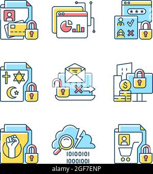Personal information RGB color icons set Stock Vector