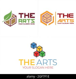 The arts colorful logo design with box leaf line vector combination Stock Vector