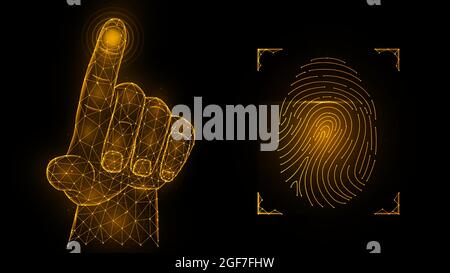 Fingerprint identification concept. Biometric data low poly design. Polygonal vector illustration of a hand pressing with an index finger and a finger Stock Vector