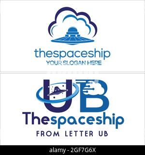 Blue symbol logo with spacecraft cloud line tech vector design Stock Vector