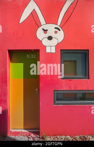 Olympic Village with painting on the bungalows of the student village, Munich, Upper Bavaria, Bavaria, Germany Stock Photo