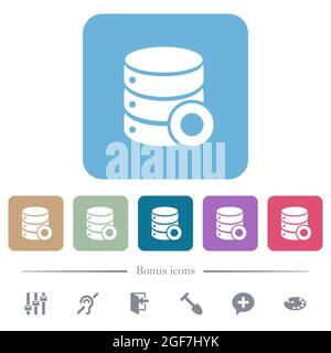 Database macro record white flat icons on color rounded square backgrounds. 6 bonus icons included Stock Vector
