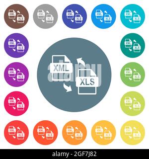 XML XLS file conversion flat white icons on round color backgrounds. 17 background color variations are included. Stock Vector