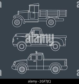 Set of vintage trucks. Linear drawing on a dark background. Vector illustration Stock Vector
