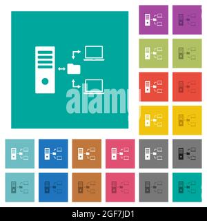Network file system with server multi colored flat icons on plain square backgrounds. Included white and darker icon variations for hover or active ef Stock Vector