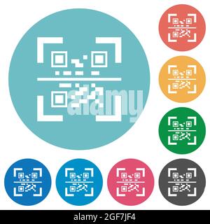 QR code scanning flat white icons on round color backgrounds Stock Vector