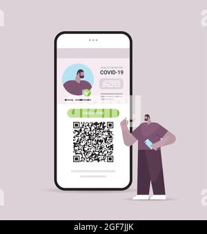 man traveler using digital immunity passport with qr code on smartphone screen risk free covid-19 pandemic Stock Vector