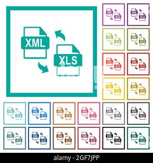 XML XLS file conversion flat color icons with quadrant frames on white background Stock Vector