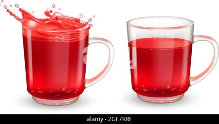 Set of tea transparent cups with red hibiscus tea. Vector realistic design elements. Stock Vector