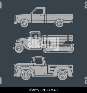 Set of vintage trucks. Simple icons on a dark background. Vector illustration Stock Vector