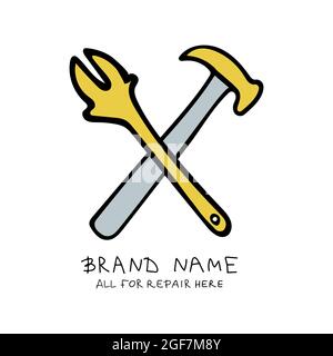 Crossed adjustable wrench and hammer logo in trendy colors. Template for advertising a construction store. Vector illustration. Yellow and grey. Stock Vector