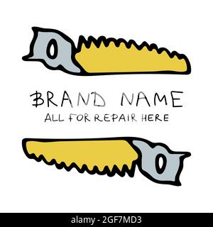 Logo in trendy colors. The yellow saws up and down, with text in between. Template for advertising a construction store. Vector illustration. Yellow Stock Vector